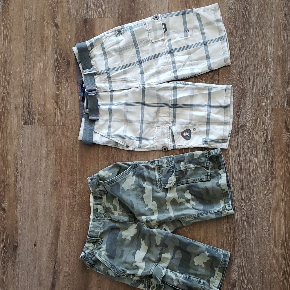 Two pairs boys size 12 & 14 cargo shorts, Old Navy plaid camo